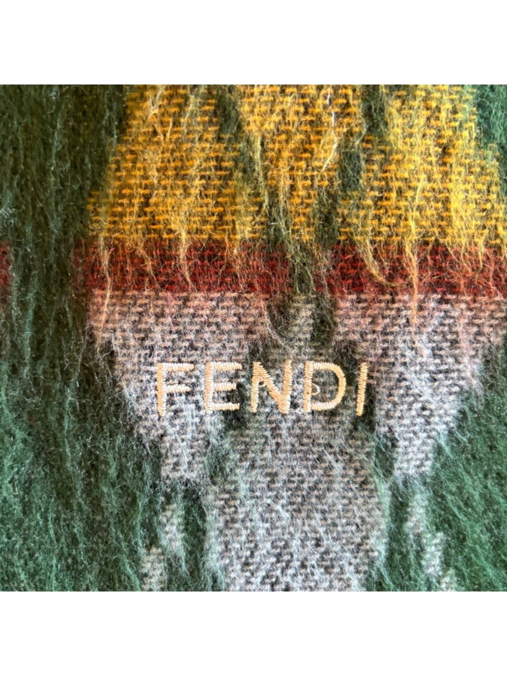 Vintage Scarf Fendi Italy Wool Green Yellow Argyle Plaid Designer Fringe Warm